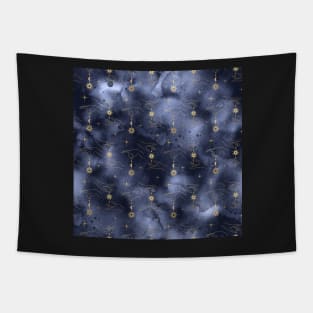 Golden Sun Moon Star on String Hand Navy Blue Tapestry