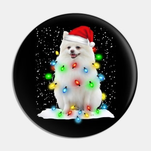 White Pomeranian Christmas Santa Hat Xmas Tree Color Lights Pin