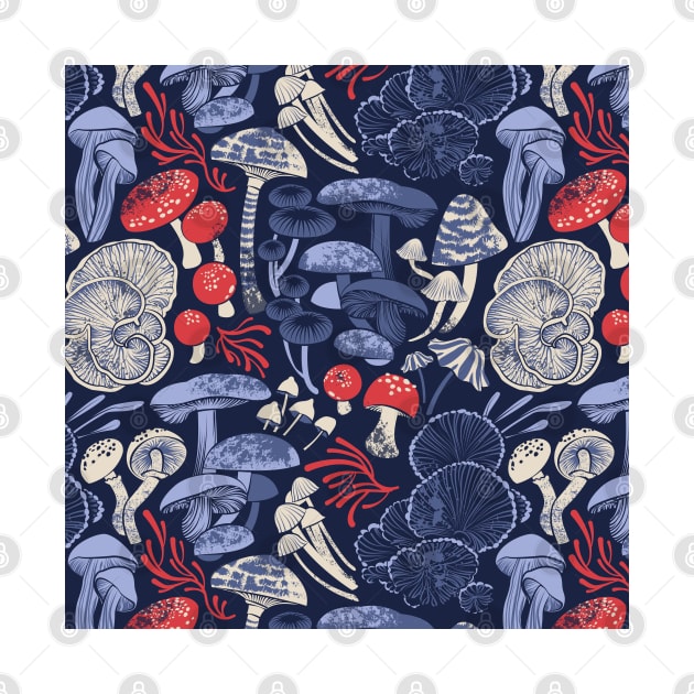 Mystical fungi // midnight blue background blue and red wild mushrooms by SelmaCardoso