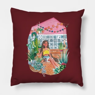 girl relax in green house Pillow