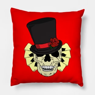 Magician Skull Wearing Top Hat and Deck of Cards Pillow