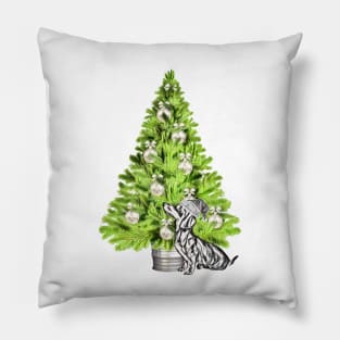 Dachshund Dog Christmas scene with Christmas tree and Santa hat Pillow