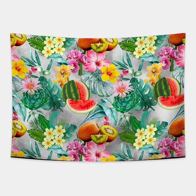 Vibrant tropical leaves pattern, watermelon illustration, tropical plants, grey colorful tropical fruits Tapestry by Zeinab taha