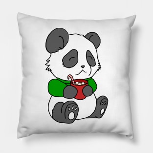 Christmas Panda Enjoying Hot Cocoa Pillow