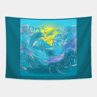 Sail Away into the Sunset: Serene Seascape Illustration Tapestry