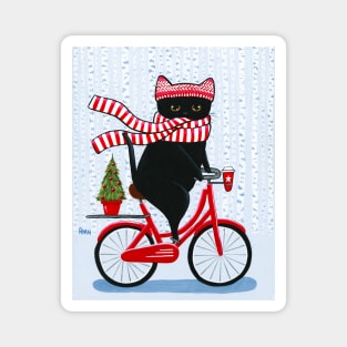 Black Cat Christmas Bicycle Ride Magnet