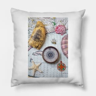 Compass With Ship Craving On Old Map Pillow