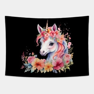 A unicorn decorated with beautiful watercolor flowers Tapestry