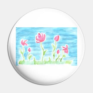 Beautiful watercolor painted pink flowers on a blue background Pin