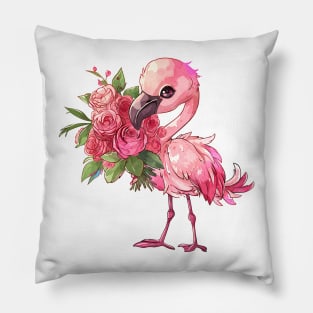 Valentine Flamingo Giving Flowers Pillow