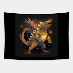 golden armor dinosaur dragon kaiju ecopop art in starry galaxy wallpaper Tapestry