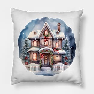 Christmas house watercolor Pillow