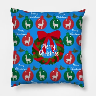 Merry Christmas Festive Holiday Llama Wreath and Ornaments Pillow