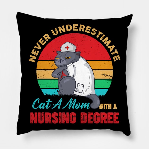 Never Underestimate Cat A Mom with A Nursing Degree Pillow by neonatalnurse