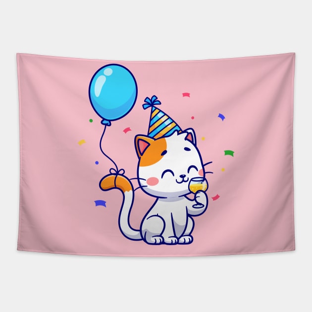 Cute Cat Birthday Party With Balloon Cartoon Tapestry by Catalyst Labs