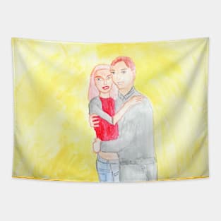 Couple in love, guy, girl. Hug, tenderness, love, relationship. Watercolor illustration Tapestry