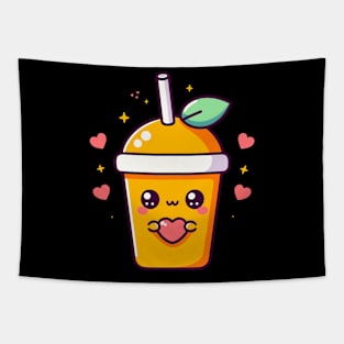 Cute Mango Milkshake Holding a Heart | I Love You in Kawaii Style | Kawaii Food Tapestry