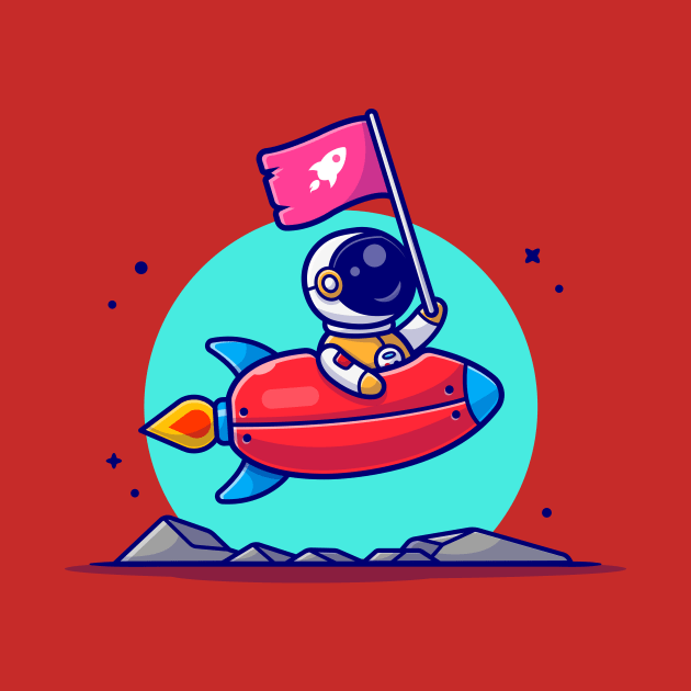 Cute Astronaut Holding Flag With Riding Rocket in Space Cartoon Vector Icon Illustration by Catalyst Labs