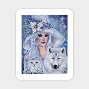 White witch with wolf and owl art by Renee Lavoie Magnet