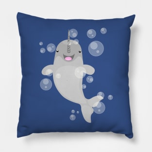 Cute happy narwal bubbles cartoon illustration Pillow