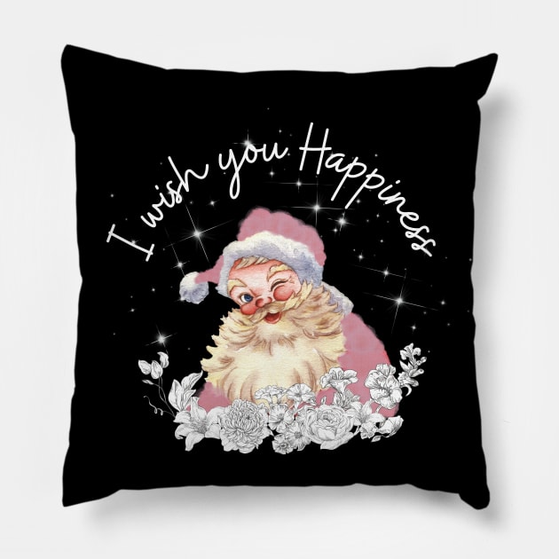 Cute pink Santa with vintage white flowers says I wish you happiness. Pillow by Nano-none