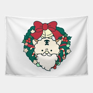 Christmas wreath and cat Santa Tapestry