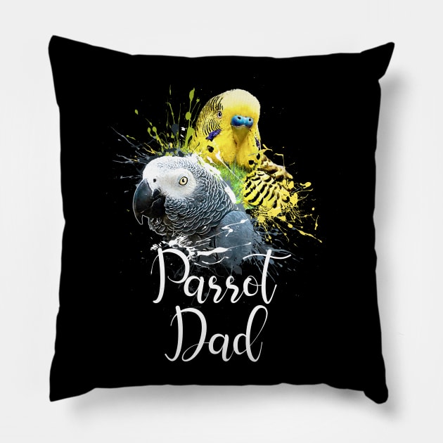 Parrot Dad Color Splatter Budgie and Grey Parrot Black Pillow by BirdNerd