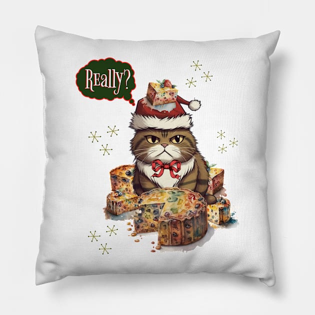 Angry Christmas Cat with Fruitcake Pillow by TempoTees