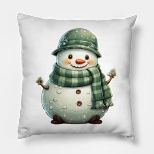 Whimsical Green Christmas Snowman Pillow