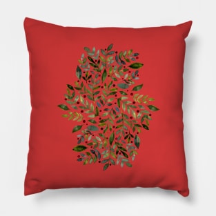 Seasonal branches and berries - green on red Pillow