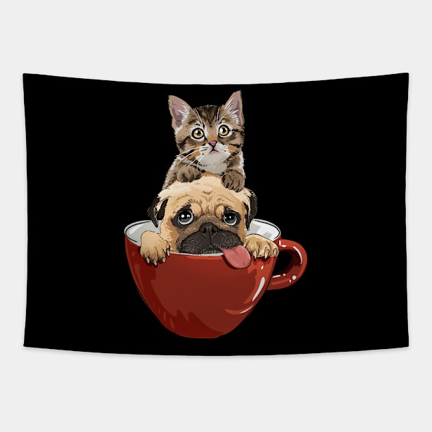 Cute Cat and Pug in a mug | Funny cat and dog gift Tapestry by MerchMadness