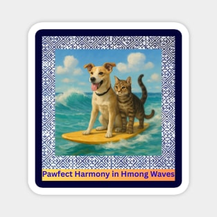 Pawfect Harmony in Hmong Waves – Cat & Dog Surf Adventure Magnet