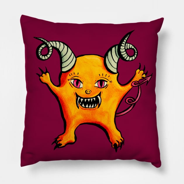 Creepy Cute Horned Little Devil Creature Pillow by Boriana Giormova