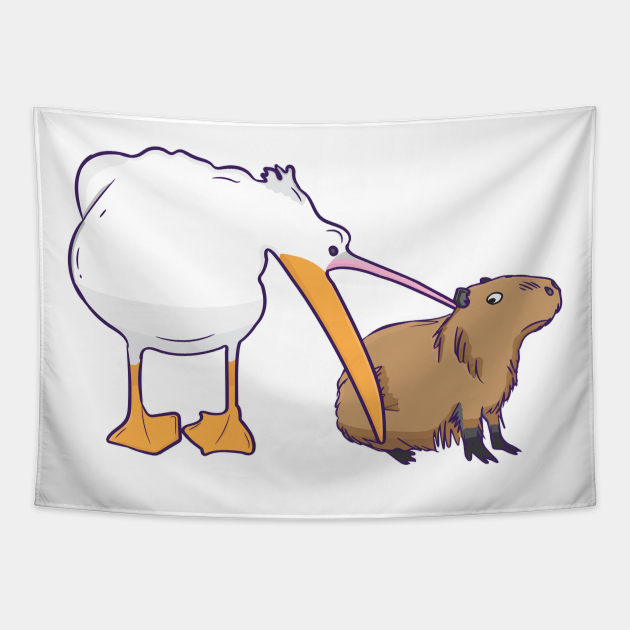 Pelican Tries to Eat Capybara Funny Cute Kawaii Meme Capybara Tapestry TeePublic