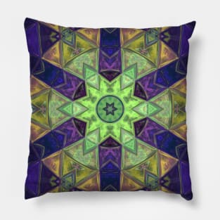 Mosaic Kaleidoscope Flower Green Purple and Yellow Pillow