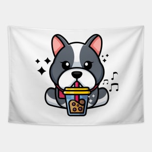 Cute bulldog drinking boba milk tea cartoon Tapestry