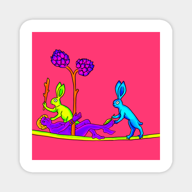 Medieval Rabbits Tickling a Person Bad Weird 90's Colorful Retro Art Magnet by JamieWetzel
