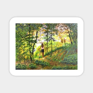 Woman girl with bicycle in woods zen yoga buddhism Magnet