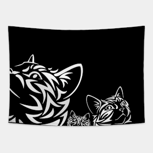 3 Cats on the Prowl in Black and White - Reverse Silhouette Ground View Tapestry