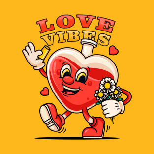 Love vibe, cute cartoon character a bottle of love potion walking carrying flowers T-Shirt