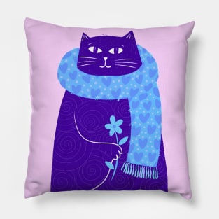 Cute blue cat with blue love scarf and blue flower, version 1 Pillow