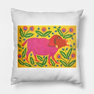 Maria Primachenko - another beast has run into flowers 1983 Pillow