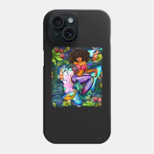 Mermaid with full afro checking her phone ii with Koi fish in koi pond with plants and flowers Phone Case