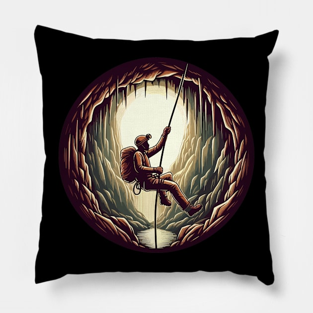 Retro Caving explore adventure Pillow by TomFrontierArt