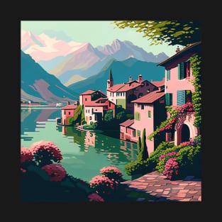 Pastel Mountain Lake Town T-Shirt