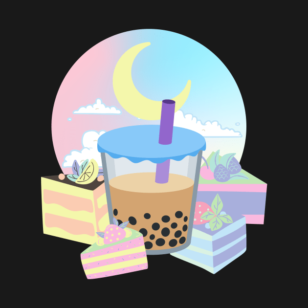 Boba Tea Cake Pastel Kawaii Moon Bubble Tea Dessert Cute Japanese Y2K Vaporwave by Super Kawaii Club