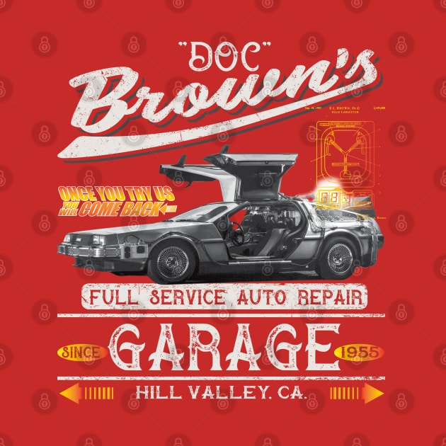 Doc Brown's Auto Repair Shop by Alema Art