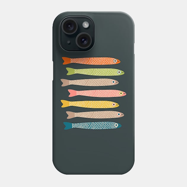 ANCHOVIES Bright Graphic Fun Groovy Fish in Vintage Orange Yellow Pink Blue Green Beige on Charcoal - Horizontal Layout - UnBlink Studio by Jackie Tahara Phone Case by UnBlink Studio by Jackie Tahara