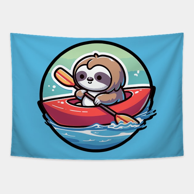 Kayaking Sloth Manga Design - Adorable River Adventure Tapestry by Yesteeyear