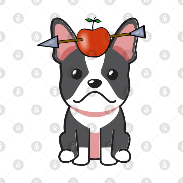 Funny french bulldog is playing william tell with an apple and arrow by Pet Station